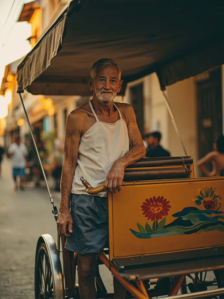 A trishaw uncle on Lebuh Light, photographed at first light