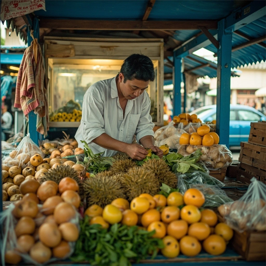 Balik Pulau morning market under a zinc roof