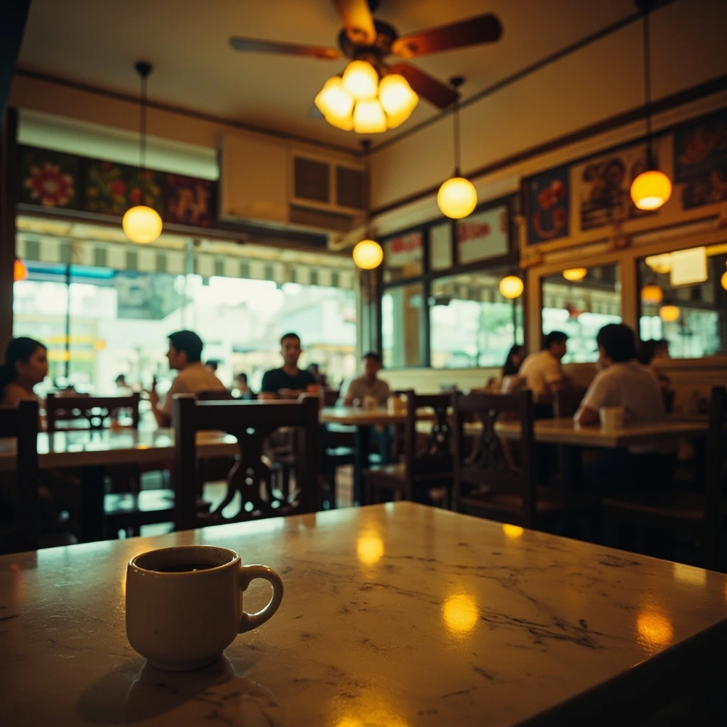 A kopitiam table with a cup of Hainanese coffee